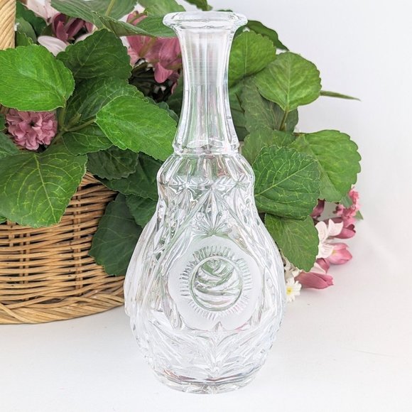 Clear Glass Decanter Water Bottle Vintage Pressed Glass Rose Floral Bud Vase - Picture 1 of 9